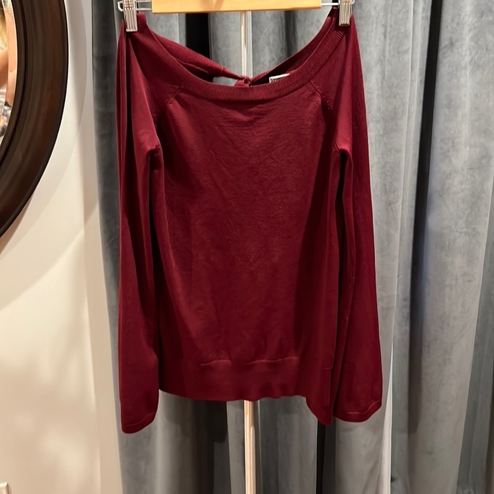 Dark red wide neck bell sleeve sweater with bow